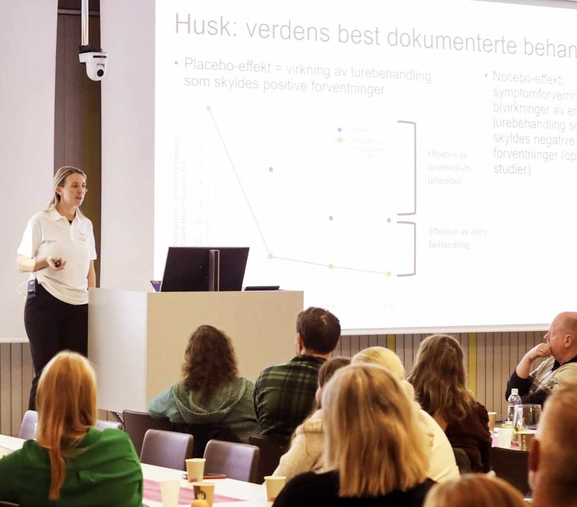 Bilder fra scenen med de ulike foredragsholderne som snakket om forskning på - og behandling av hodepinesykdommer.