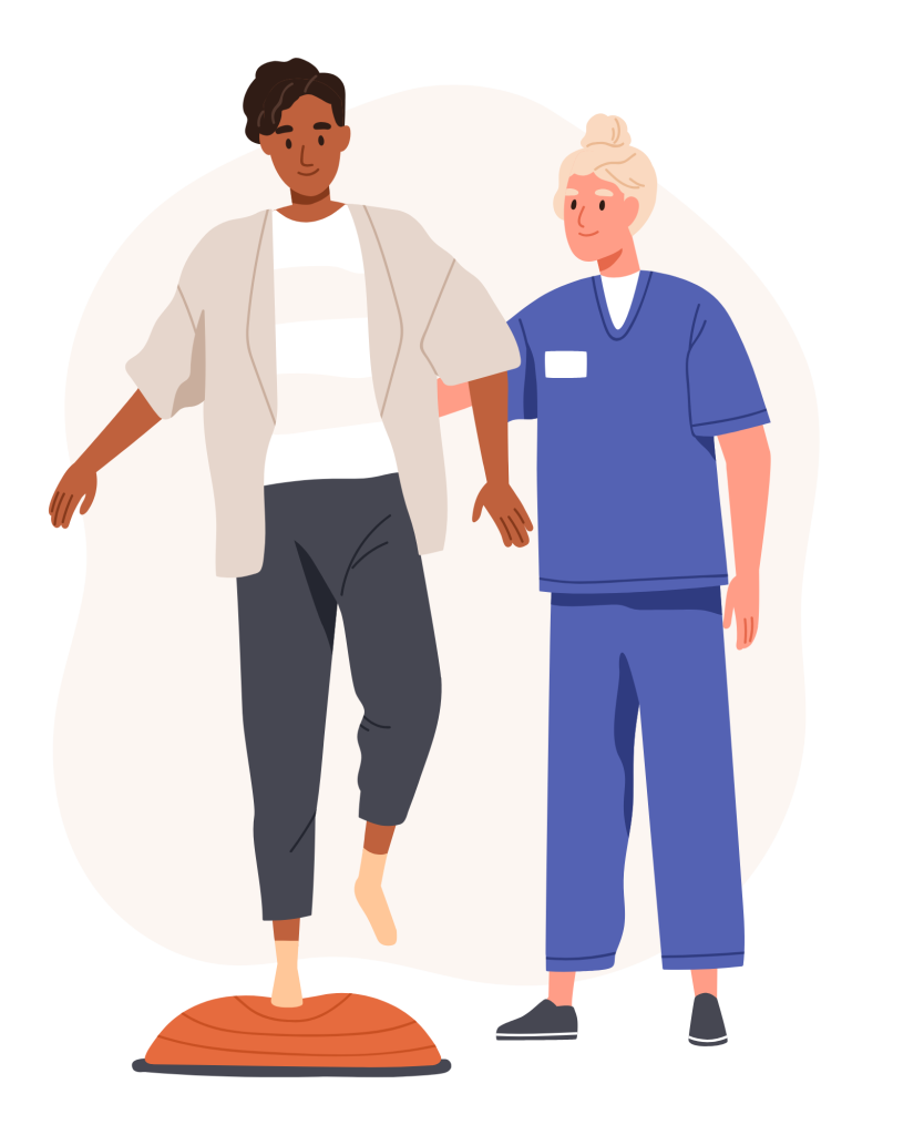 En migrenepasient på rehabilitering står på en balansepute mens en hodepinesykepleier støtter ham i ryggen.