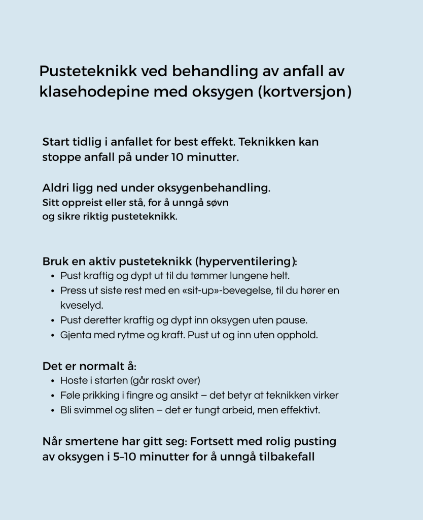 Et bilde av tekst med opplisting av hvordan bruke pusteteknikk for behandling av klasehodepine med oksygen